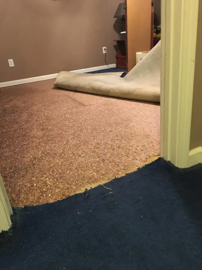 Carpet pad removal revealing water damage during Water Mitigation Services in Dumas